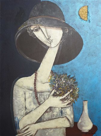 Bruno Landi 1941 Donna con fiori, 2011 Olio su tela H85 x L75 cm (33.46 x...