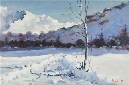 Pasquero Dino SENTIERO NELLA NEVE olio su tavola, cm 30x45 sul fronte: firma...