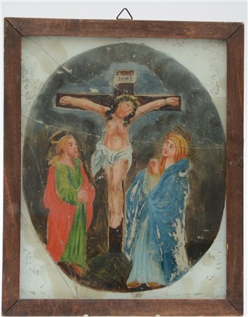 Ignoto "Crocifissione" verre peint (cm 27x22 circa) in cornice (gravi difetti...