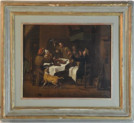 Scuola fiamminga del secolo XIX "Scena di osteria" olio su tela (cm 34x41,5)...