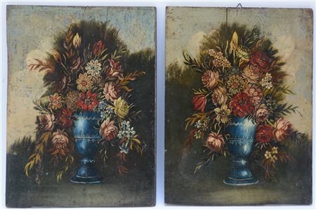Scuola del secolo XX "Nature morte" coppia di dipinti ad olio su tavola (cm...