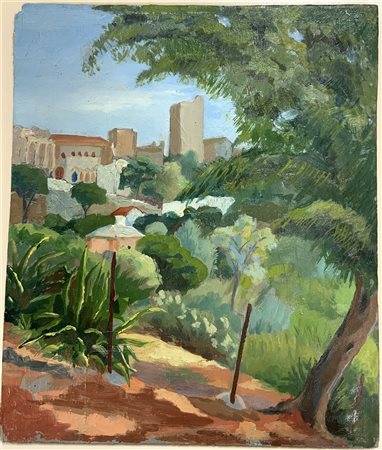 Ignoto "Cagliari, Torre di S.Pancrazio" olio su compensato (cm 30x25) Al...