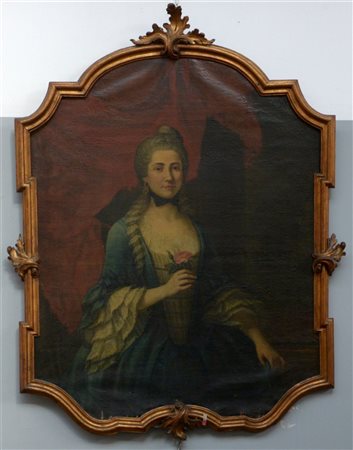 Artista della fine del secolo XVIII “Ritratto di dama con fiore”, olio su...