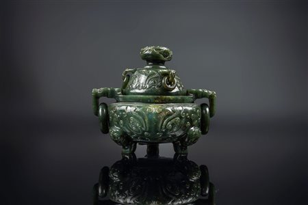 Arte Cinese  A spinach jade tripod censer and cover carved with vegetal motifs China, 18th-19th century.