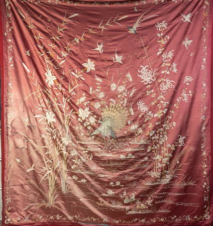 Arte Cinese  A large silk fabric embroidered with flowers, peacock and cranes.China, late 19th century .