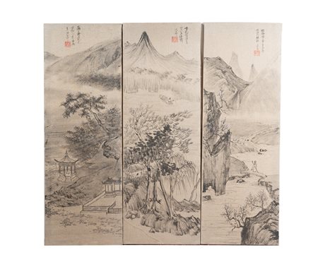 Arte Cinese  Three paintings depicting landscapes China, 20th century .