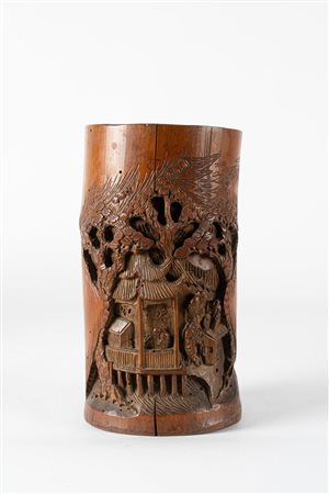Arte Cinese  A wooden brush holder (bitong) carved with trees and characters China, 19th century .