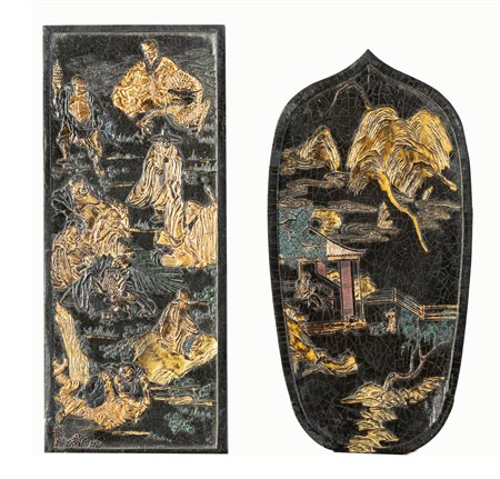 Arte Cinese  Two ink stones decorated with Luohan and landscape China, late 19th century .