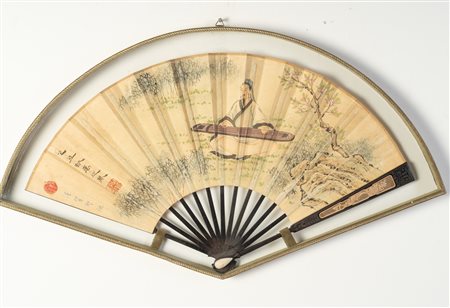 Arte Cinese  A signed folding fan painted with a musician and inscribed with a poemChina, early 20th century .