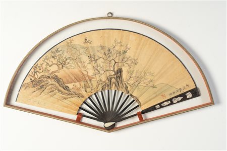 Arte Cinese  A signed folding fan painted with a rustic scene and inscribed with a poem China, ealry 20th century .