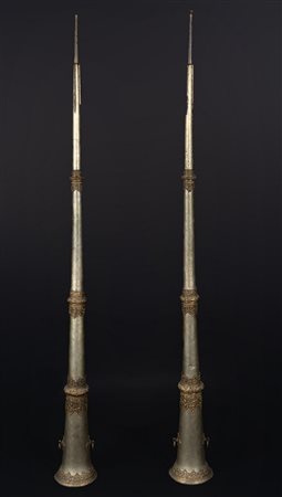 Arte Himalayana  A metal embossed pair of trumpets (dungchen)Tibet, 19th century .