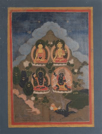 Arte Himalayana  Thangka depicting Buddha, White Tara and Vajrapani Tibet, 18th-19th century .