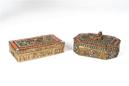 Arte Himalayana  Two metal Buddhist boxes incrusted with polychrome glass beadsNepal, 20th century .