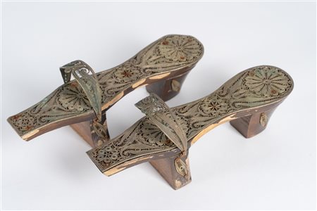 Arte Islamica  A pair of Ottoman wooden and silver filigree hammam clogsTurkey, 19th century .