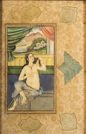 Arte Islamica  A painting depicting a woman bathing with an earlier, Persian, illuminated borderIndia, 19th century .