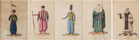 Arte Islamica  Five watercolor paintings on paper with gold highlights depicting various charactersEurope or Turkey, late 19th century .