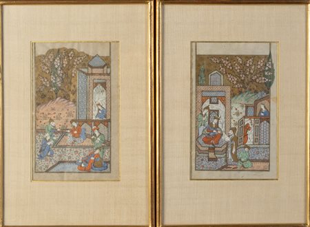 Arte Islamica  A pair of Persian miniature paintings depicting courtly scenes Iran, early 19th century .