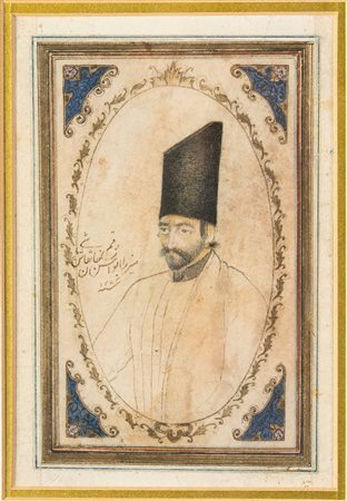 Arte Islamica  Drawing of a Persian man, signed Mirza Abu Al Hassan Khan Naghash Bashi and dated 1243 AH (1828 AD)Ink, pigments and gold on paper .