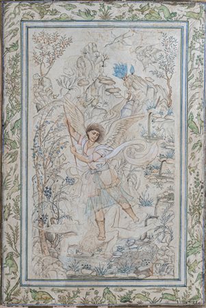 Arte Islamica  A miniature painting depicting Saint Michael defeating the Devil Mughal India, 19th century or earlier Ink and pigments on parchment .