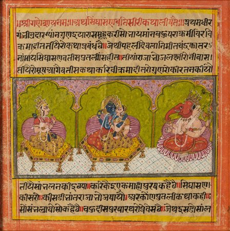 Arte Indiana  A miniature painting depicting Lord Krishna and Radha with Ganesh and Lakshmi India, late 19th century .