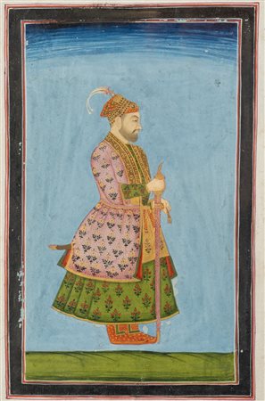 Arte Indiana  A miniature painting depicting a standing nobleman India, 20th century .