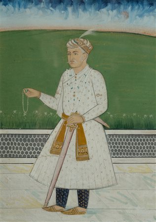 Arte Indiana  Miniature depicting a man holding a praying necklace India, early 20th century Pigments and gold on paper .