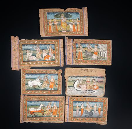 Arte Indiana  A collection of seven devotional miniature paintings Northern India or Kashmir, late 19th century .