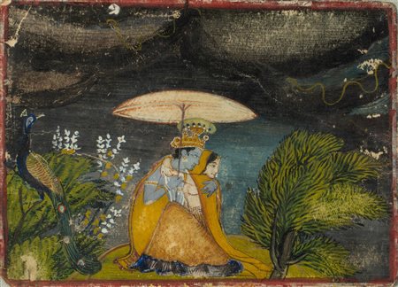 Arte Indiana  A miniature painting depicting Lord Krishna and Radha Northern India, 19th century .