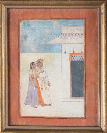 Arte Indiana  Miniature depicting a couple Northern India, Rajasthan, 19th century .