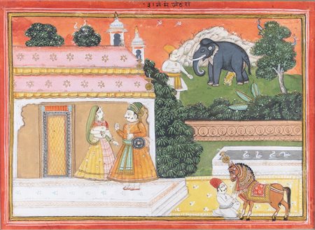 Arte Indiana  A miniature depicting Raja and a princess Northern India, 19th century .