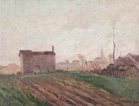 CARRARO MARIO Mestre 1896 - 1978 Campagna mestrina 1938 olio su tavola 44x58...