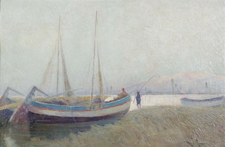 RICCI DANTE Roma 1879 - 1957 Pescatori all'alba olio su tela 70x102 cm firma...