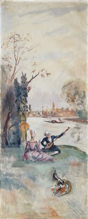 SEIBEZZI FIORAVANTE Venezia 1906 - 1975 Colazione sul prato olio su tela...