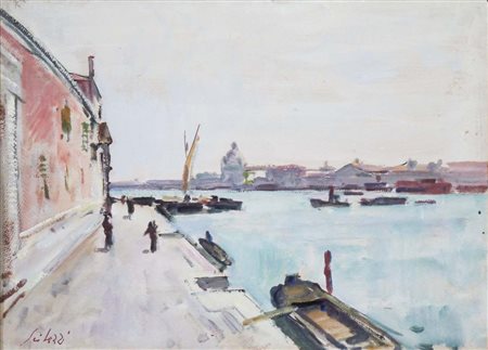 SEIBEZZI FIORAVANTE Venezia 1906 - 1975 Alle Zattere 1952 olio su cartone...