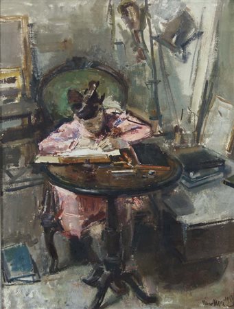 MORI NENO Venezia 1899 - 1968 Mia figlia che studia 1943 olio su tela 69x52...