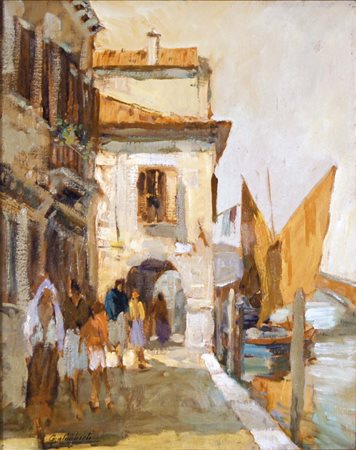 GALIMBERTI DARIO Chioggia 1881 - 1966 Passeggio in riva olio su tela 50x40 cm...