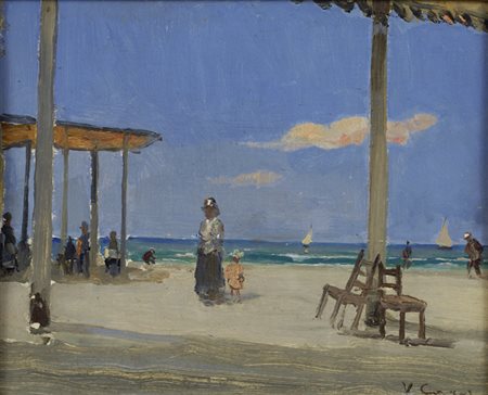 Attr. a Vittorio Corcos Figure sulla spiaggia Olio su tavola, cm. 16x20.5...