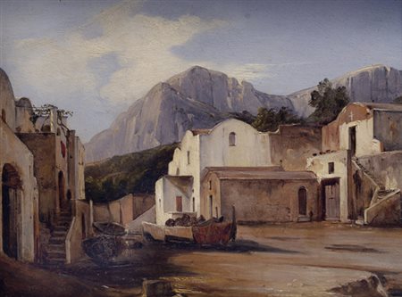 Scuola di Posillipo Veduta di paese Olio su cartone, cm. 23x28