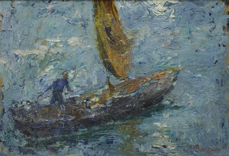Leonardo Bazzaro (Milano, 1853 - 1937) Barca a vela Olio su tavola, 27x40 cm...