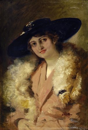 Vittorio Corcos (Livorno, 1859 - Firenze, 1933) Dama con cappello nero Olio...
