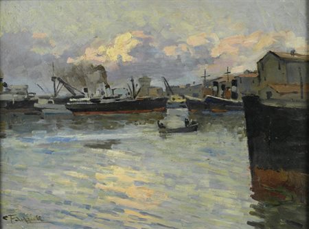 Cafiero Filippelli (Livorno, 1889 - 1973) Nel porto di Livorno Olio su...