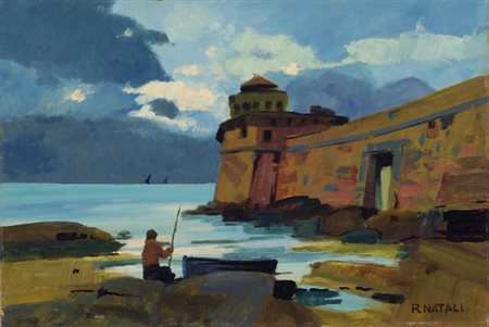 Renato Natali (Livorno, 1883 - 1979) Pesca al porto Olio su compensato, cm....