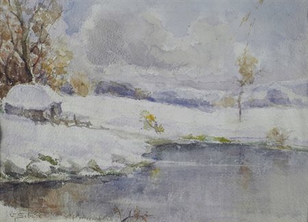 Giuseppe Sobrile (Torino, 1879 - 1956) Paesaggio innevato Acquerello su...