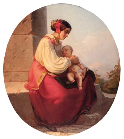 Ernst Hartmann (1818 - 1900) Donna con bambino Olio su tela, cm. 73x65,2...