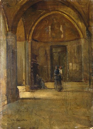 Alfonso Hollaender (Ratisbona, 1845 - Firenze, 1923) Interno di chiesa con...