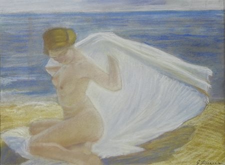 Gino Piccioni (Foligno, 1873 - Biella, 1941) Nudo sulla spiaggia Pastelli su...