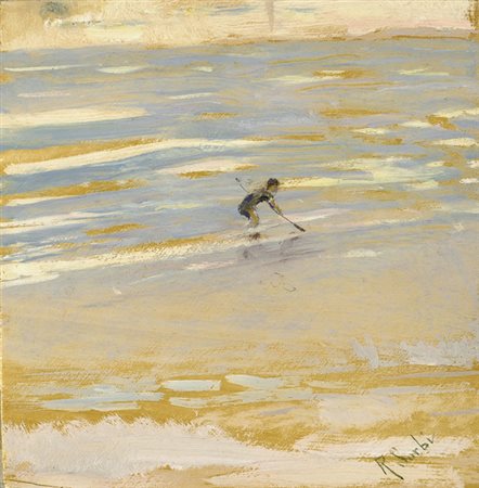 Raffaello Sorbi (Firenze, 1844 - 1931) Bambino in riva al mare Olio su...