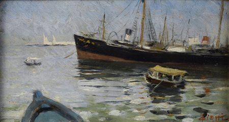 Cesare Ciani (Firenze, 1854 - 1925) Barche nel porto di Livorno Olio su...