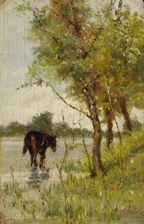 Giovanni Fattori (Livorno, 1825 - Firenze, 1908) Paesaggio con cavallo Olio...