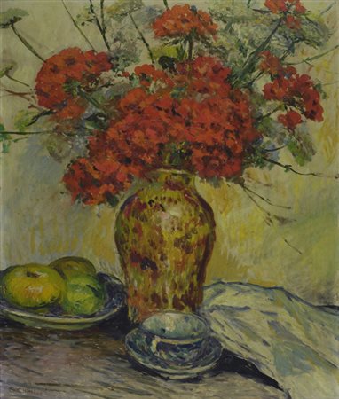 Galileo Chini (Firenze, 1873 - 1956) Fiori nel vaso, 1947 Olio su compensato,...